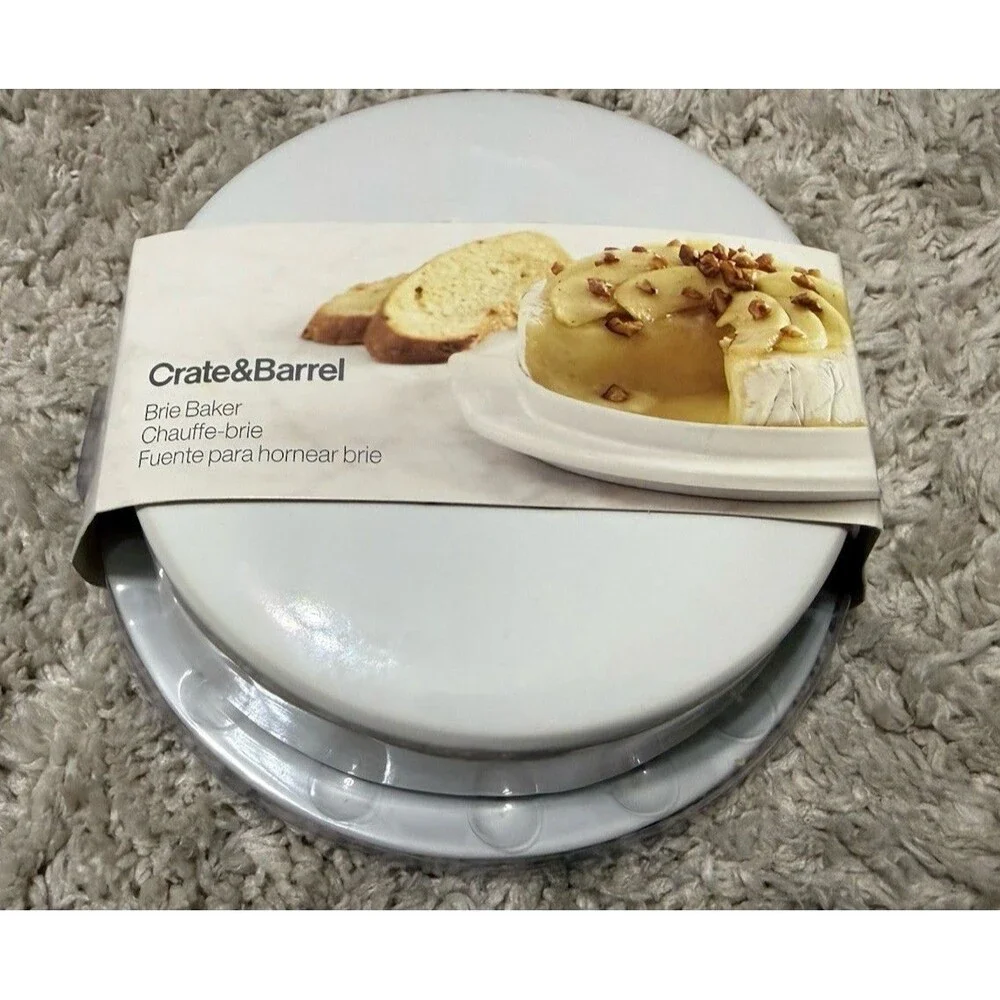 Crate & Barrel Brie Cheese Baking Dish Server Keeper White Stoneware NEW